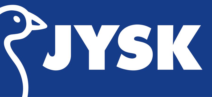 JYSK Logo, weiße Schrift und stilisierte Gans auf blauem Grund.