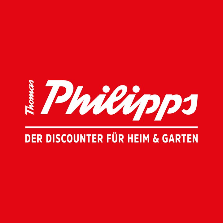 Thomas Philipps Logo quadratisch: Der Discounter für Heim & Garten auf rotem Hintergrund.