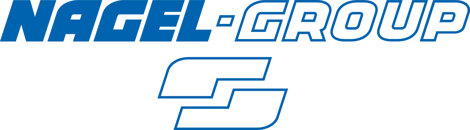Das Nagel-Group Logistics SE Logo in blauer Schrift und einem stilisierten, blauen Symbol auf grauem Hintergrund.
