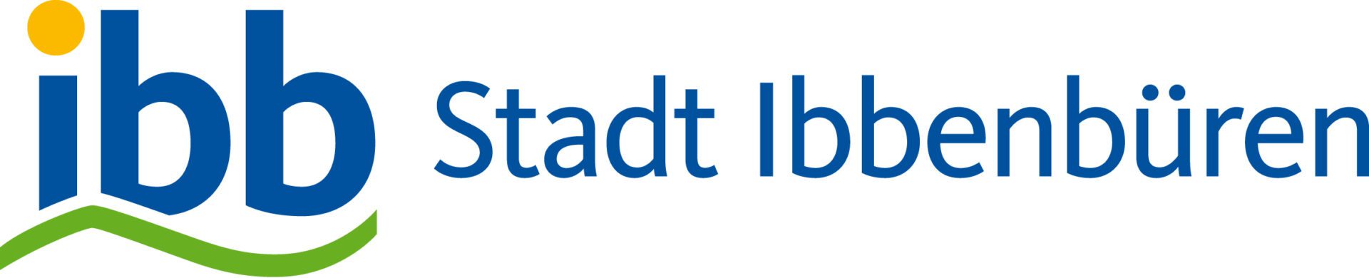 Das Logo von Stadt Ibbenbüren zeigt den Schriftzug "ibb" in Blau und Grün, daneben den Namen der Stadt in blauer Schrift.
